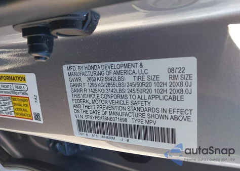 2022 Honda Pilot Awd Sport z USA, uszkodzony, nr VIN 5FNYF6H38NB071698